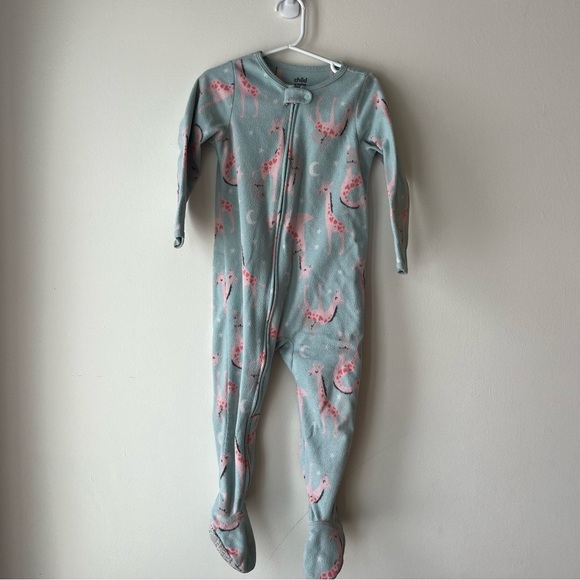 Floral and giraffe toddler girl fleece Onesie zip up pajamas size 3T colourful - Picture 3 of 13